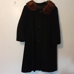 Vintage EINIGER Black Wool, Button-Down Fur Trim Collar Swing Coat Sears